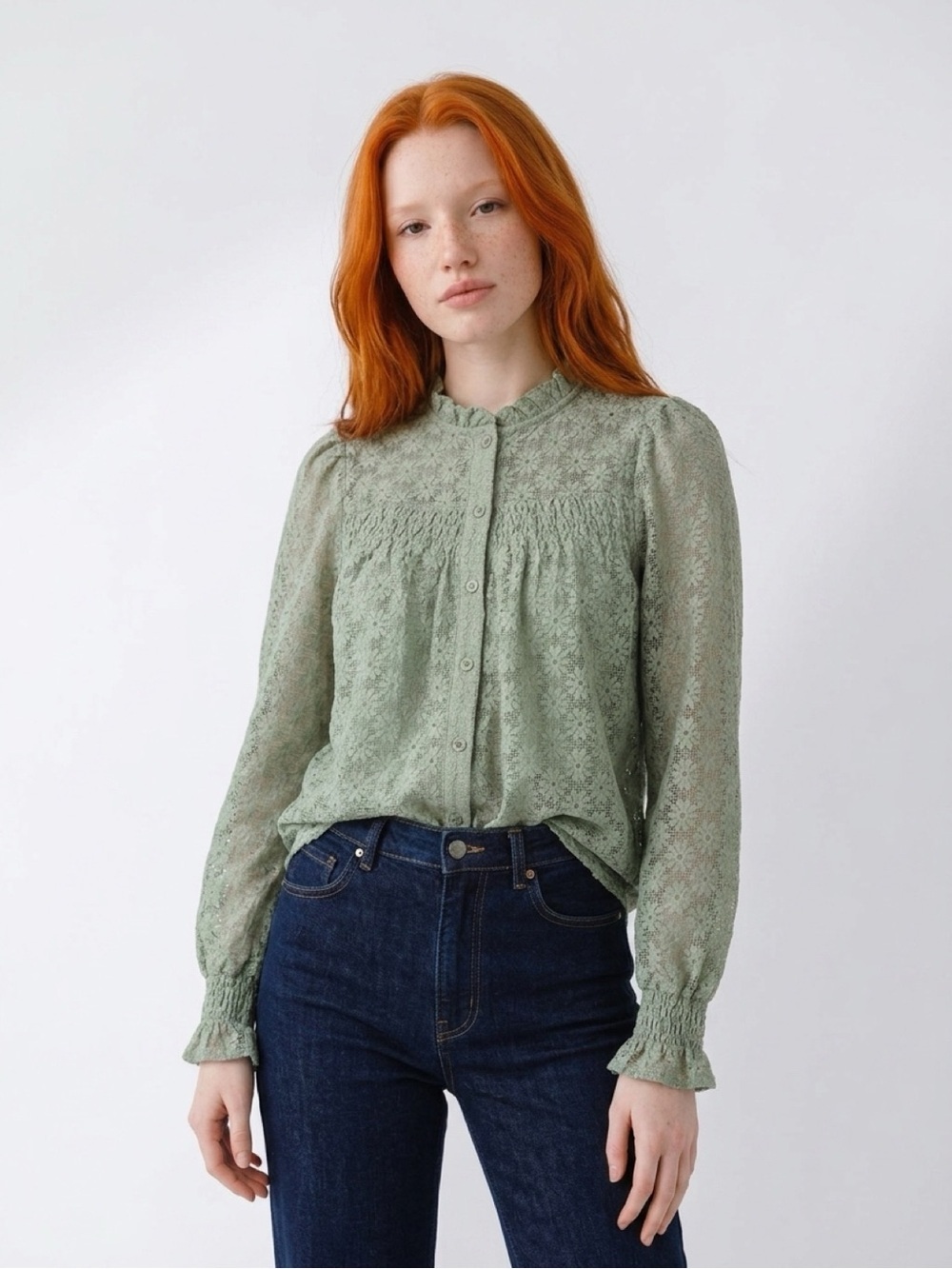 NWT Pretty Garden  Smocked Lace Button-Front Blouse in Sage Green size small
